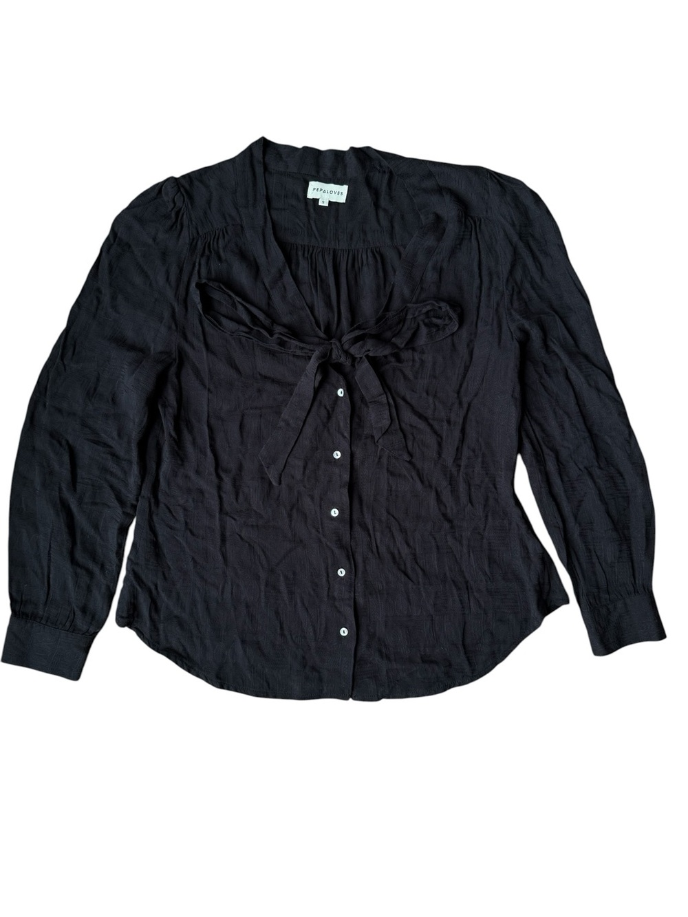 Pepaloves Boho Flowy Black Button Up Small Blouse Witchy Tie Front